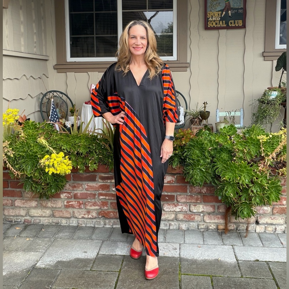 Vintage Cattani Of California Black and Red Striped Kaftan Maxi Mrs Roper